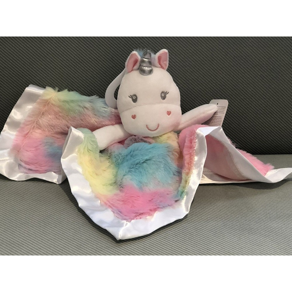 New Baby Starters Unicorn Security Blanket Lovey Rainbow Colors Plush Satin Trim